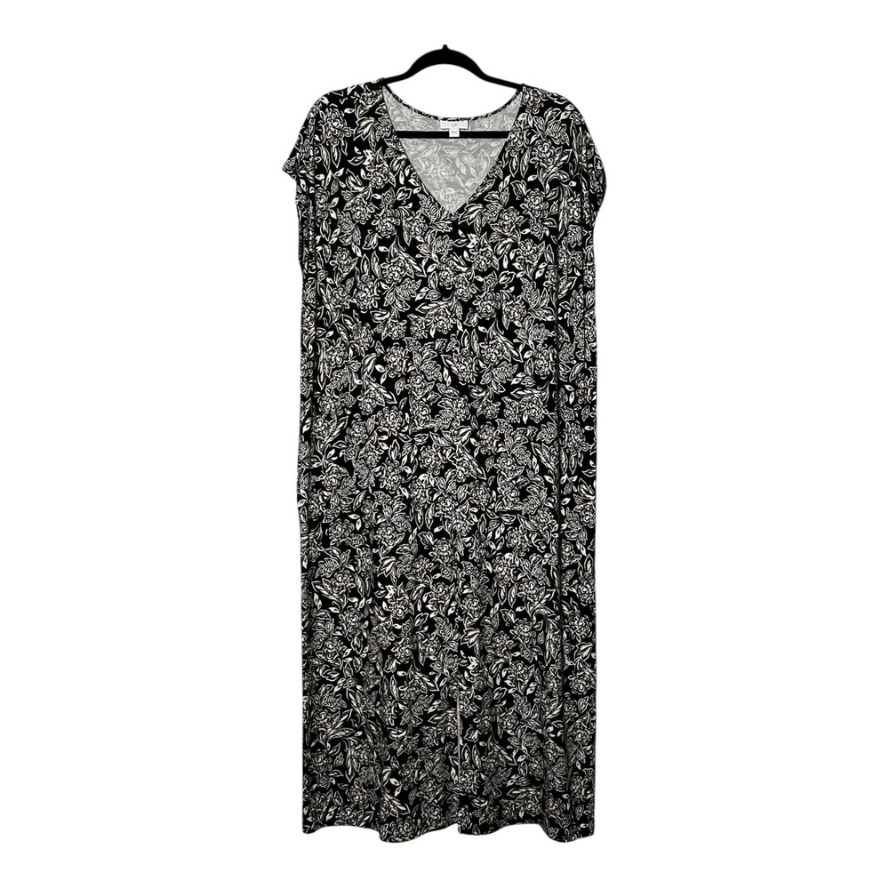 J. Jill Black White Floral V-Neck Maxi Dress Cap Sleeve Stretch Rayon Size L